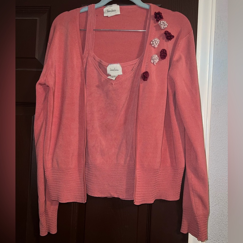Neiman Marcus Pink Cardigan Set with Floral Details